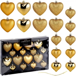 Złote świąteczne ozdoby w kształcie serduszek, nietłukące, zestaw 16 szt. (6,5 i 4,5 cm)