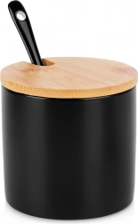 Ceramiczna cukiernica z bambusową pokrywką i łyżeczką, czarna 250 ml