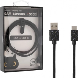 Kabel USB‑C do ładowania z czarnym kotem i silikonowym paskiem do regulacji długości