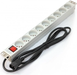 Listwa PDU do szafy 19" rack, 9× gniazdo Typ E, kabel 2 m C14, 10 A, wyłącznik, aluminiowa