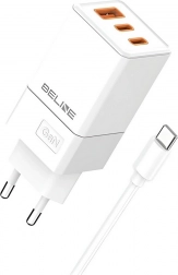 Ładowarka sieciowa 65W GaN 2x USB‑C + USB‑A z kablem USB‑C – Biała