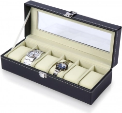 Czarne etui na zegarki z przeszkloną pokrywą, 30,5 × 11,5 × 8 cm