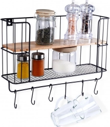 Kuchenną półka ścienna z haczykami 41 × 12 × 25,5 cm, metal i drewno