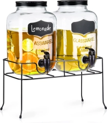 Podwójny szklany dyspenser do napojów z kranikiem i czarnym stojakiem 2×4 l