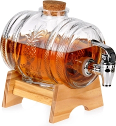 Szklany dyspenser do napojów z kranikiem i drewnianą podstawką 1 l