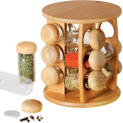 Drewniany obrotowy stojak na przyprawy z 12 słoiczkami, zestaw 13‑częściowy