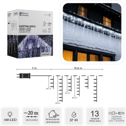 Kurtyna świetlna LED z soplami, 500 LED, zimna biel, 20 m