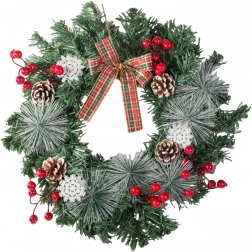 Świąteczny wieniec z szyszkami, czerwonymi jagodami i kokardą w kratę 30 cm