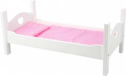 Drewniane łóżeczko dla lalek z białymi serduszkami