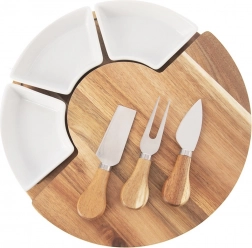 Obrotowa akacjowa deska do serwowania serów z 3 miseczkami i 3 nożami, zestaw 7‑częściowy