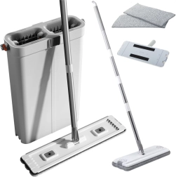 Zestaw do sprzątania z płaskim mopem i dwukomorowym wiadrem z mikrofibry