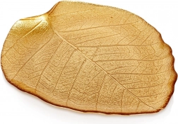 Szklany złoty talerz w kształcie liścia 27,5 × 24 cm