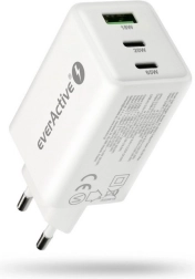 Ładowarka sieciowa everActive GaN 65W z USB i 2× USB‑C PD PPS QC4+, biała