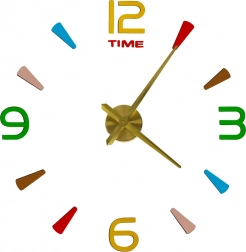 Naklejany zegar ścienny DIY, 80–90 cm, złote wskazówki, kolorowe znaczniki, 4 cyfry