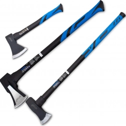 Zestaw siekier i młota klinowego: toporek 1 kg, siekiera rozłupująca 2 kg i młot-siekiera 2,7 kg