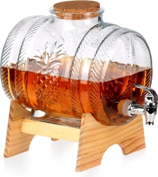 Szklany dystrybutor napojów z kranikiem i drewnianą podstawką 5 l