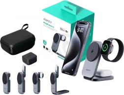 Magnetyczna bezprzewodowa ładowarka 3w1 AUKEY MagFusion, Qi2 15 W, szara
