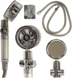 Srebrna głowica prysznicowa z turbiną i wężem