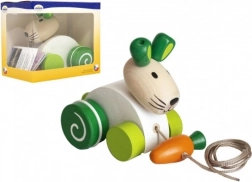 Drewniany króliczek na sznurku z marchewką na pierwsze kroczki