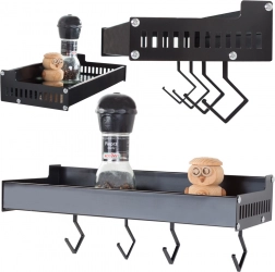 Nawieszana aluminiowa półka na przyprawy z haczykami, czarna