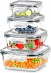 Szklane pojemniki na żywność z silikonową uszczelką, kwadratowe, zestaw 4 szt.
