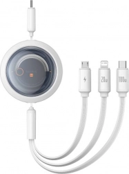 Wysuwany szybkoladujący kabel 3‑w‑1 BASEUS Free2Draw, USB‑C do USB‑C/Lightning/Micro, 100 W, 1,1 m, biały