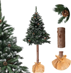 Sztuczna choinka na pniu 150 cm – diamentowa sosna z szyszkami, ośnieżona