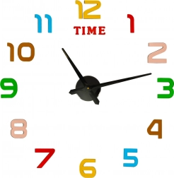 Naklejany zegar ścienny DIY, średnica 80–90 cm, kolorowe cyfry, czarne wskazówki