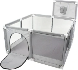 Dziecięcy kojec 130 × 130 cm z suchym basenem i koszem – szary