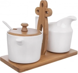Porcelanowy cukierniczka i mlecznik WHITELINE na bambusowej podstawce 2× 280 ml, 3‑częściowy zestaw