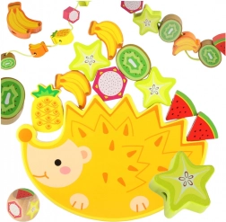 Montessori drewniana gra balansowa jeżyk z nawlekanymi owocowymi klockami