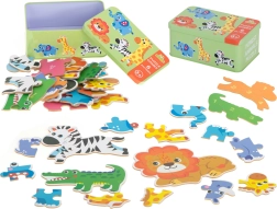 Puzzle dla dzieci w metalowym pudełku – zwierzęta safari, 25 elementów