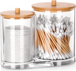 Podwójny organizer na patyczki kosmetyczne i płatki do demakijażu z bambusowymi pokrywkami