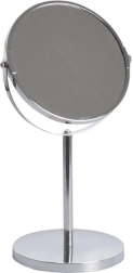 Wysokie dwustronne lusterko kosmetyczne ze stojakiem, średnica 17 cm, chrom