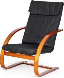 Fiński fotel bujany lounge ModernHome do salonu – czarna tkanina, drewno orzechowe