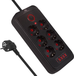 Listwa przeciwprzepięciowa z przedłużaczem, 6 gniazd z USB-A i USB-C, 2500 W, czarna