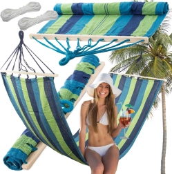 Ogrodowy hamak z drewnianą belką, w paski, 200 × 80 cm