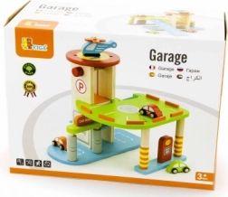 Drewniany garaż z autkami i helikopterem