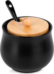 Ceramiczna czarna cukiernica z bambusową pokrywką i łyżeczką 250 ml