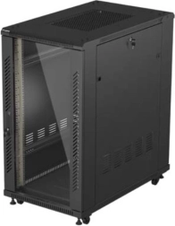 Stojakowa szafa rack 19" 22U 600×1000, czarna, przeszklone drzwi, flat pack