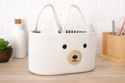 Biały tekstylny koszyk na zabawki w kształcie misia z uchwytami 35 × 25 × 21 cm