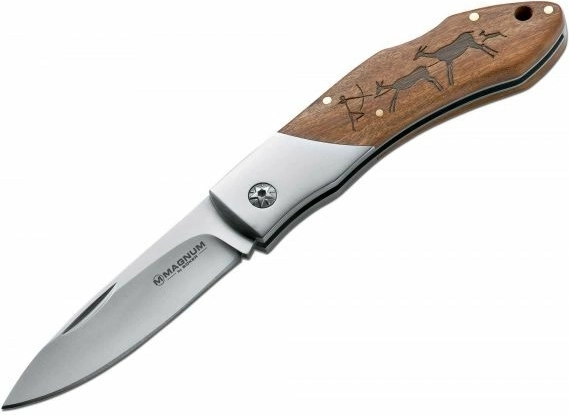 Magnum Caveman Steel nóż składany 8,2 cm z drewnianą rękojeścią i motywem jaskiniowym