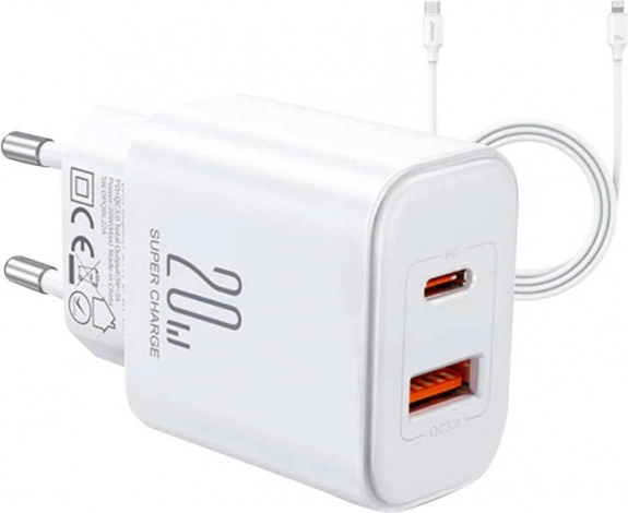 Joyroom Flash ładowarka sieciowa 20 W z dwoma wyjściami + kabel USB-C do Lightning 1 m, biała