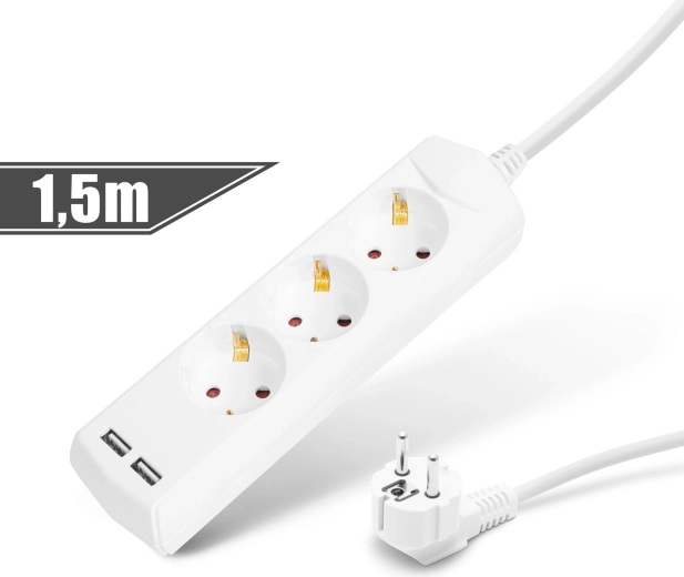 Przedłużacz z 3 gniazdami i 2 portami USB, 1,5 m