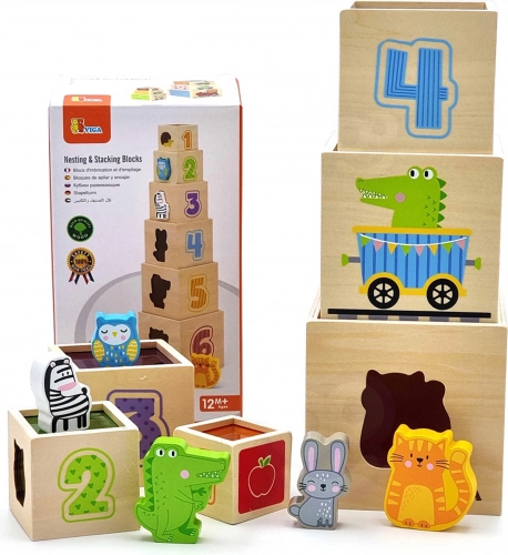 montessori drewniana piramida i klocki konstrukcyjne Viga