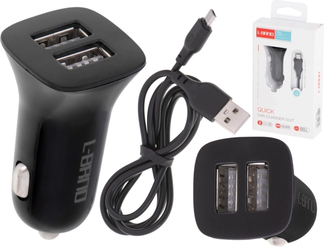 Szybka ładowarka samochodowa 2× USB z kablem micro USB L-BRNO