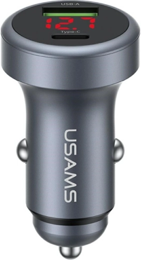 USAMS aluminiowa ładowarka samochodowa 45 W USB-A + USB-C z LED