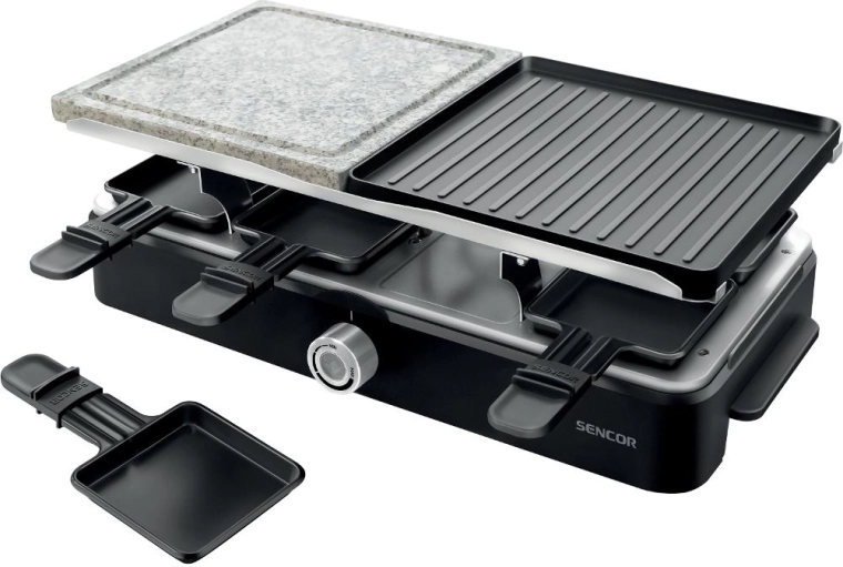Grill raclette Sencor z kamienną i żebrowaną powierzchnią