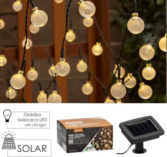 Solarny ogrodowy łańcuch świetlny BUBBLE 100 LED, ciepła biel, 11,9 m