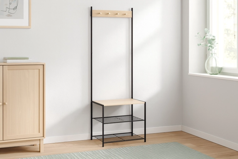 Wolnostojący wieszak do przedpokoju z ławką i 3 półkami 60 × 40 × 175 cm